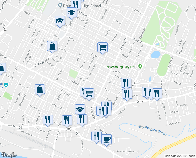 map of restaurants, bars, coffee shops, grocery stores, and more near 1304 16th St in Parkersburg
