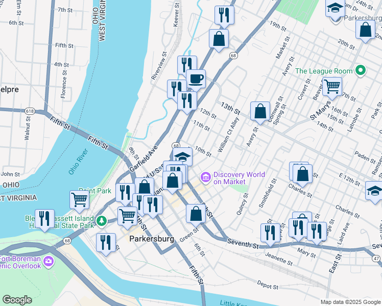 map of restaurants, bars, coffee shops, grocery stores, and more near 907 Ann Street in Parkersburg