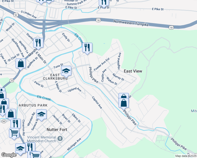 map of restaurants, bars, coffee shops, grocery stores, and more near 60 Torie Lane in Clarksburg
