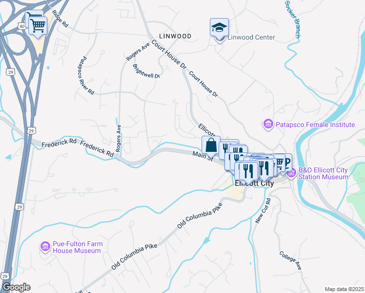 map of restaurants, bars, coffee shops, grocery stores, and more near 8534 Main Street in Ellicott City