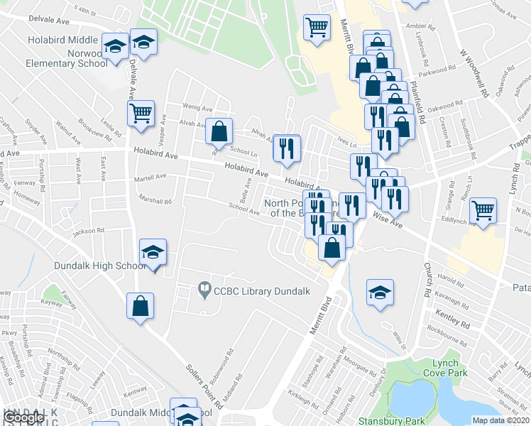 map of restaurants, bars, coffee shops, grocery stores, and more near 7456 School Avenue in Dundalk