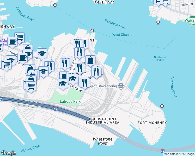 map of restaurants, bars, coffee shops, grocery stores, and more near 1200 Steuart Street in Baltimore