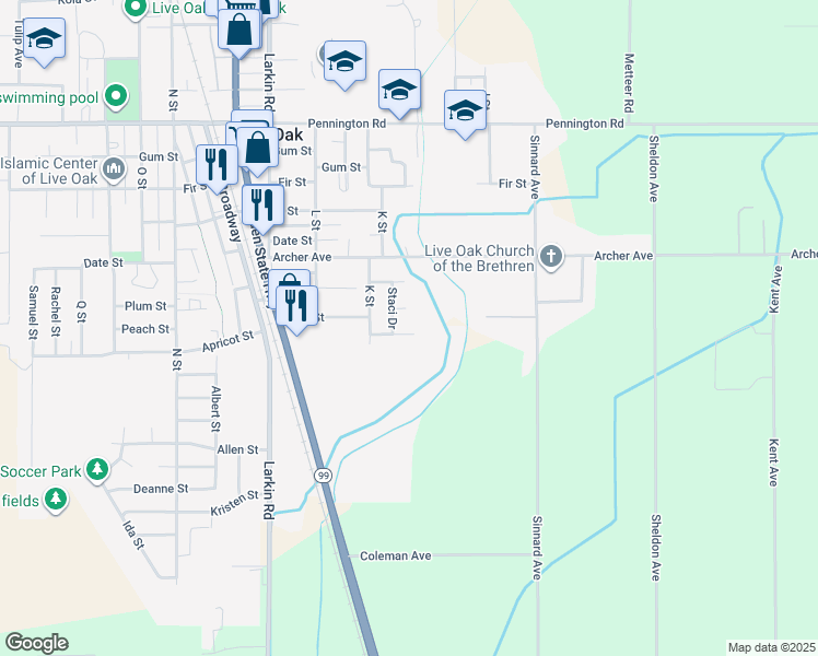 map of restaurants, bars, coffee shops, grocery stores, and more near 2225 Anita Street in Live Oak