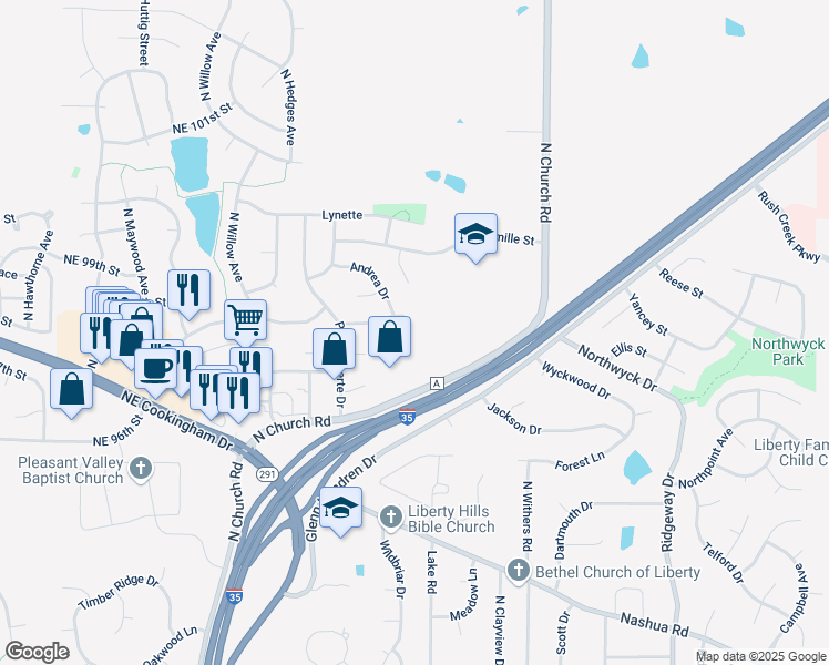 map of restaurants, bars, coffee shops, grocery stores, and more near 1300 La Chateau Drive in Liberty