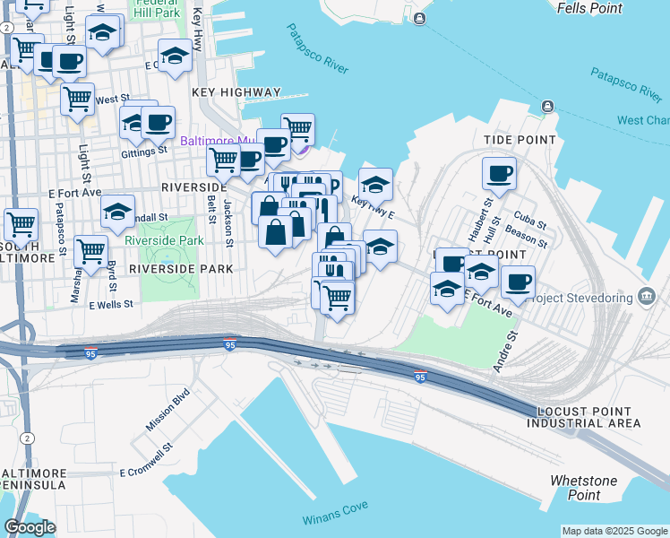 map of restaurants, bars, coffee shops, grocery stores, and more near 1500 Whetstone Way in Baltimore