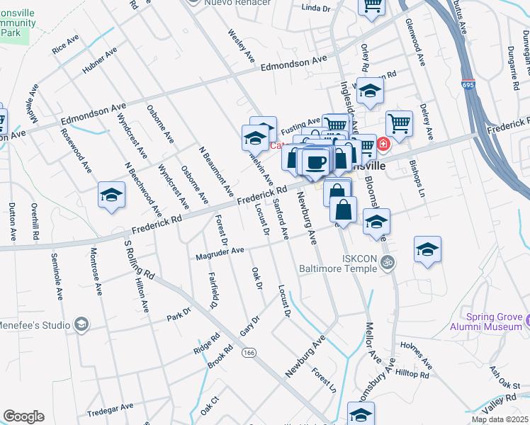 map of restaurants, bars, coffee shops, grocery stores, and more near 11 Locust Drive in Catonsville