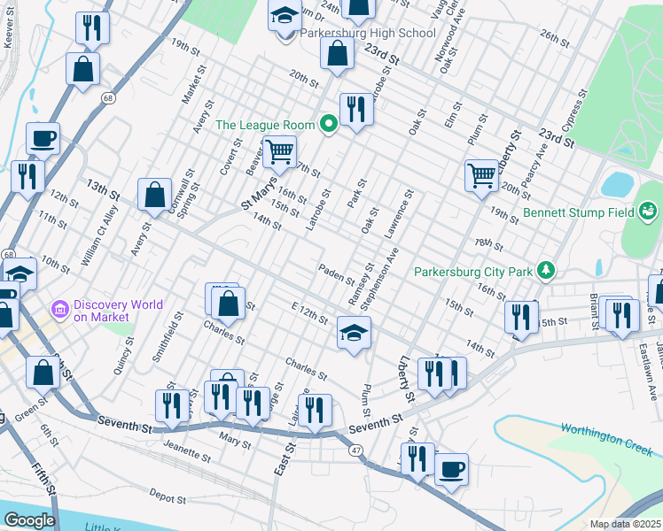 map of restaurants, bars, coffee shops, grocery stores, and more near 1113 Paden St in Parkersburg
