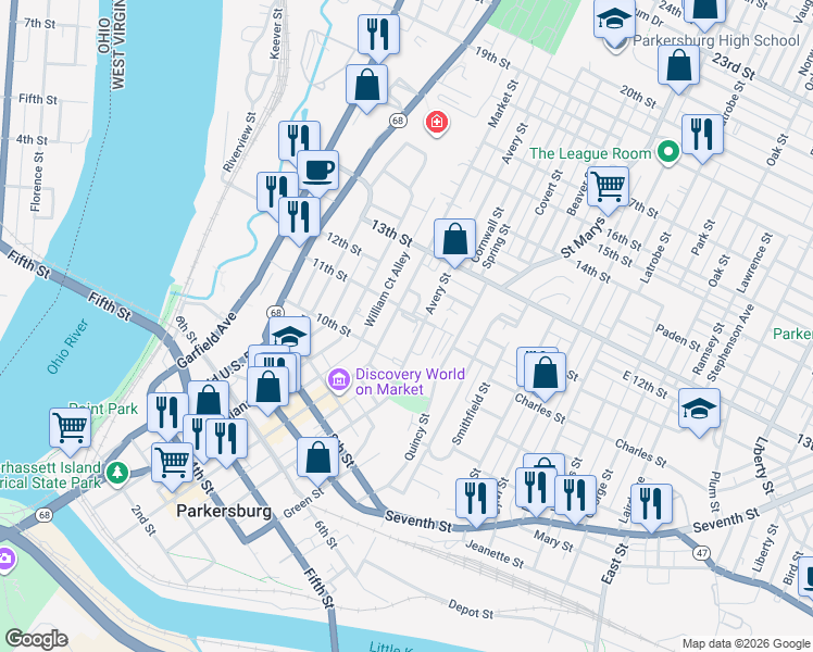 map of restaurants, bars, coffee shops, grocery stores, and more near 1050 Market Street in Parkersburg
