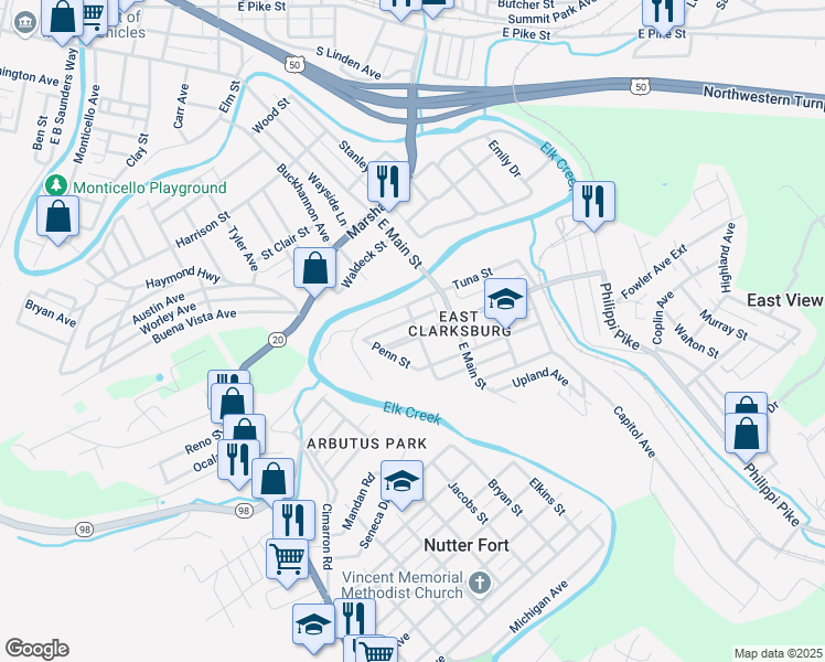 map of restaurants, bars, coffee shops, grocery stores, and more near 75 Broadway Street in Clarksburg
