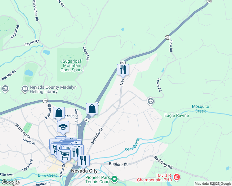 map of restaurants, bars, coffee shops, grocery stores, and more near 660 Manzanita Lane in Nevada City