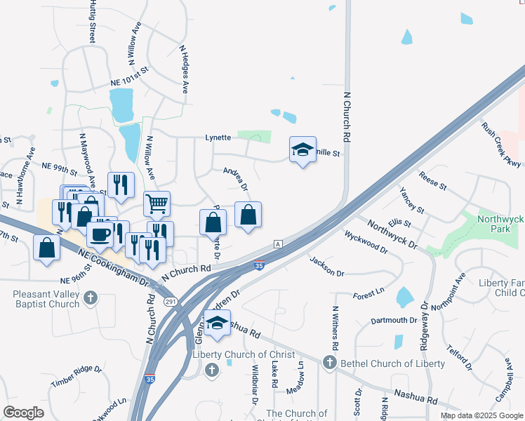 map of restaurants, bars, coffee shops, grocery stores, and more near 1300 La Chateau Drive in Liberty