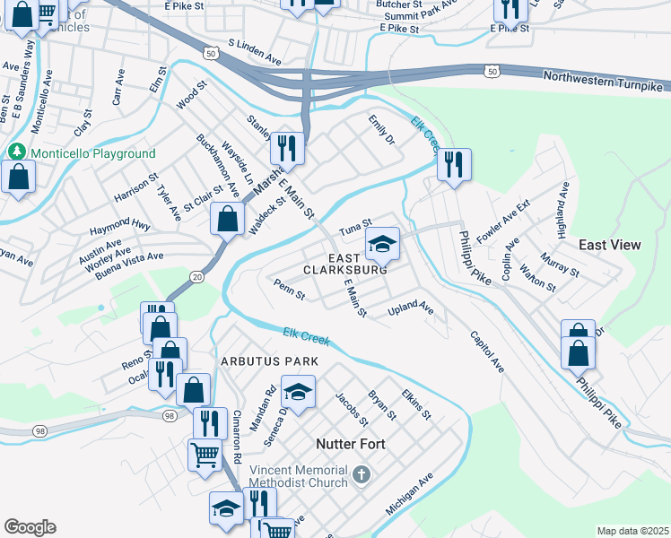 map of restaurants, bars, coffee shops, grocery stores, and more near 1205 East Main Street in Clarksburg