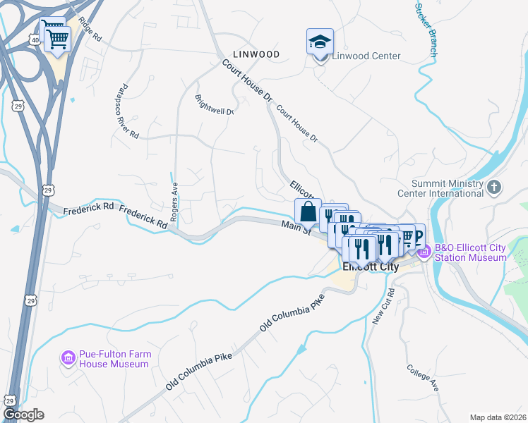 map of restaurants, bars, coffee shops, grocery stores, and more near 8532 Main Street in Ellicott City