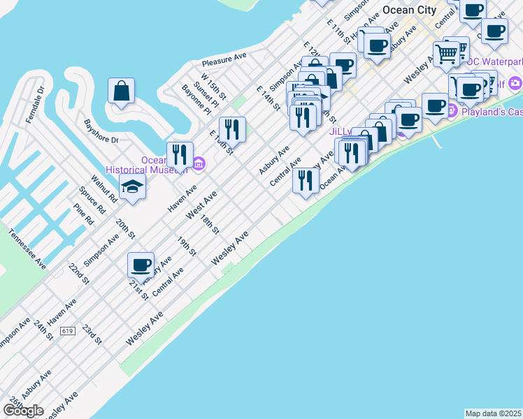 map of restaurants, bars, coffee shops, grocery stores, and more near 1622 Wesley Avenue in Ocean City