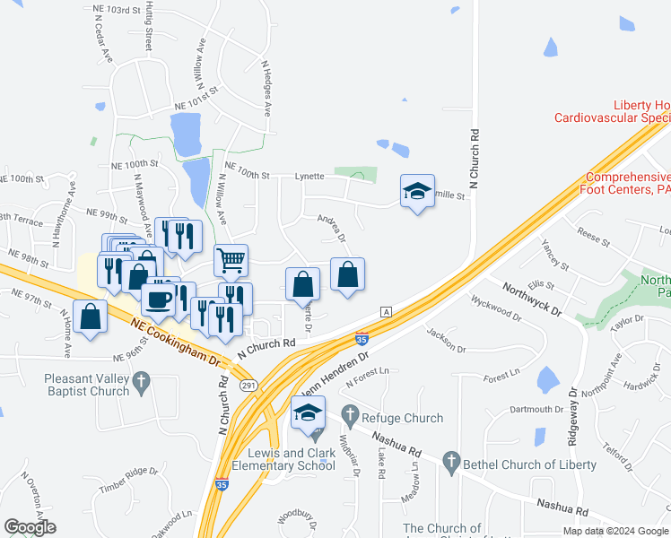 map of restaurants, bars, coffee shops, grocery stores, and more near 1409 La Chateau Drive in Liberty
