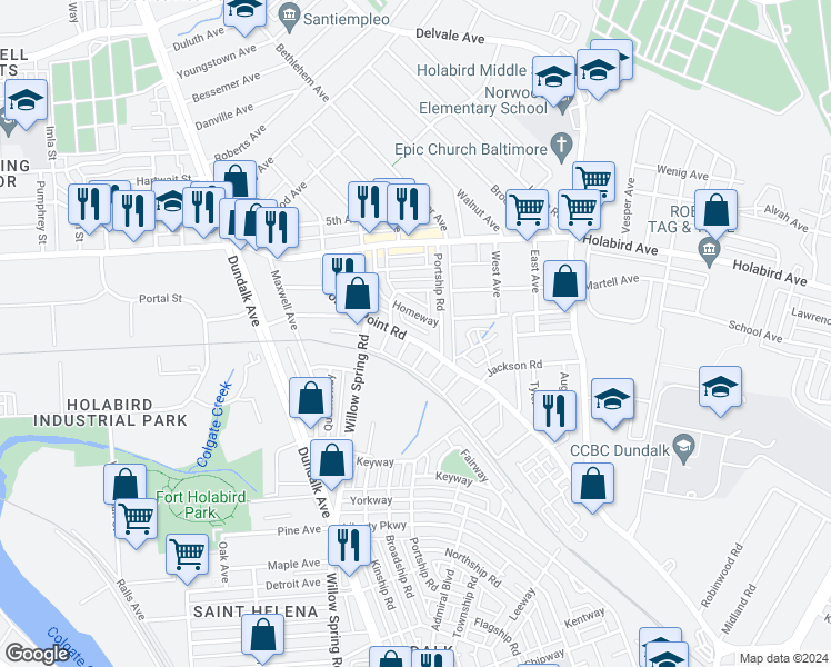 map of restaurants, bars, coffee shops, grocery stores, and more near 6920 Sollers Point Road in Dundalk