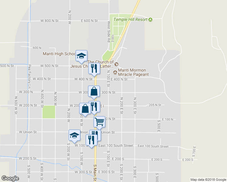 map of restaurants, bars, coffee shops, grocery stores, and more near 135 East 300 North Street in Manti