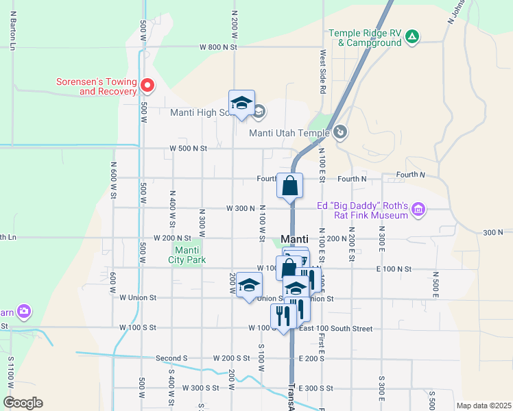 map of restaurants, bars, coffee shops, grocery stores, and more near 112 West 300 North in Manti