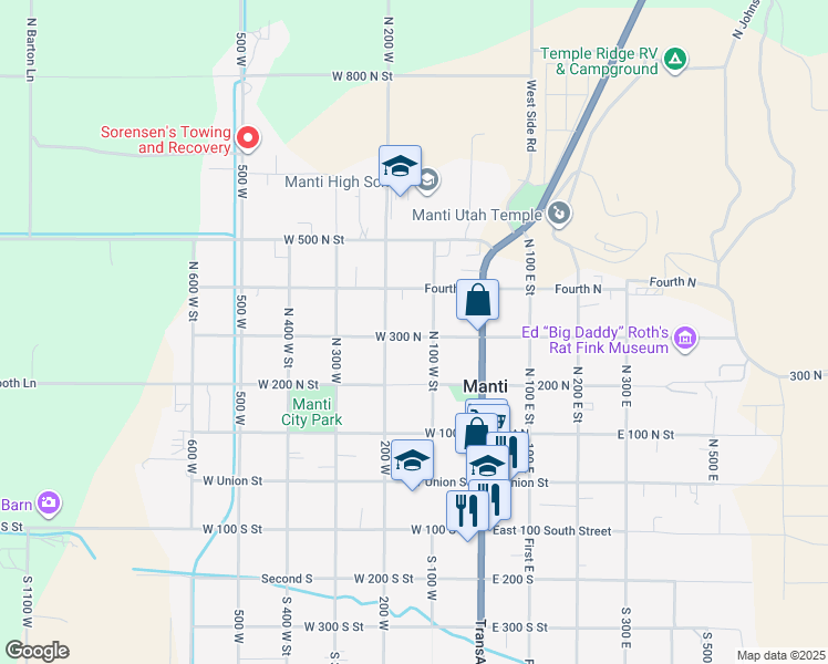 map of restaurants, bars, coffee shops, grocery stores, and more near 112 West 300 North in Manti