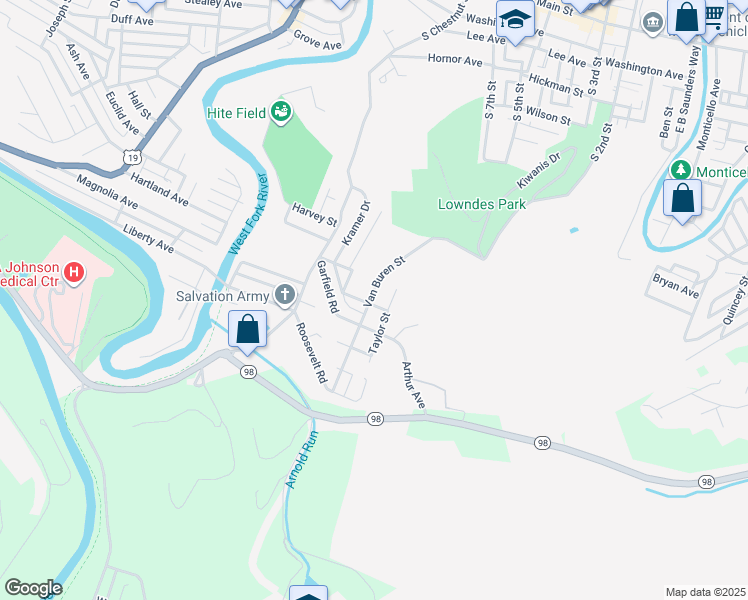 map of restaurants, bars, coffee shops, grocery stores, and more near 999 Van Buren Street in Clarksburg