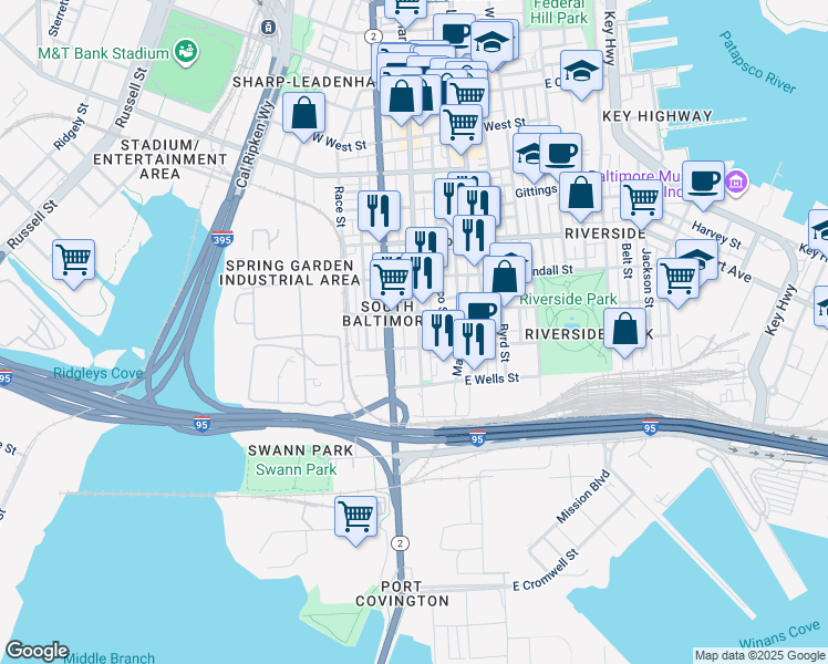 map of restaurants, bars, coffee shops, grocery stores, and more near 1726 South Charles Street in Baltimore