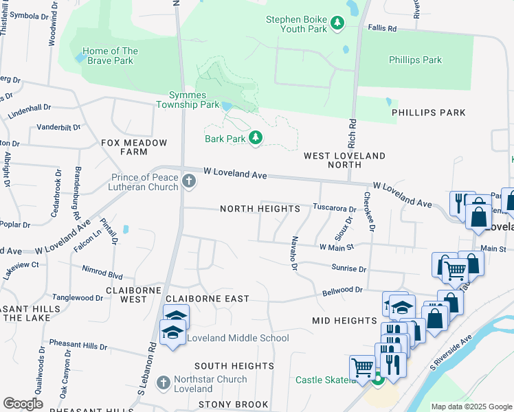 map of restaurants, bars, coffee shops, grocery stores, and more near 204 Tuscarora Drive in Loveland