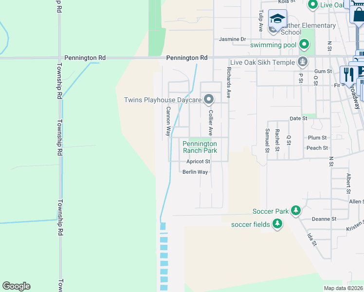 map of restaurants, bars, coffee shops, grocery stores, and more near 9595 Waterman Avenue in Live Oak