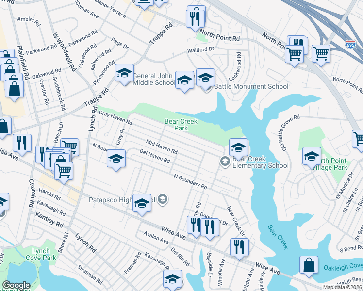 map of restaurants, bars, coffee shops, grocery stores, and more near 8147 Gray Haven Road in Dundalk