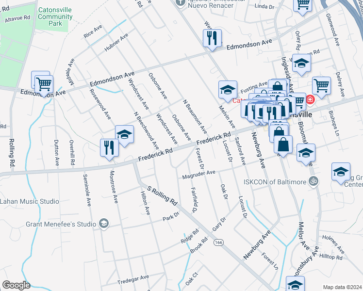 map of restaurants, bars, coffee shops, grocery stores, and more near 1206 Frederick Road in Catonsville