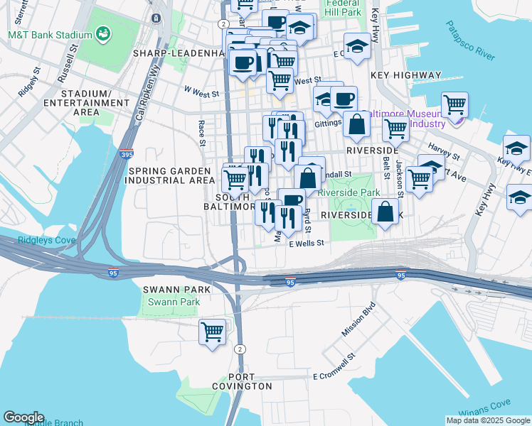 map of restaurants, bars, coffee shops, grocery stores, and more near 1720 Patapsco Street in Baltimore