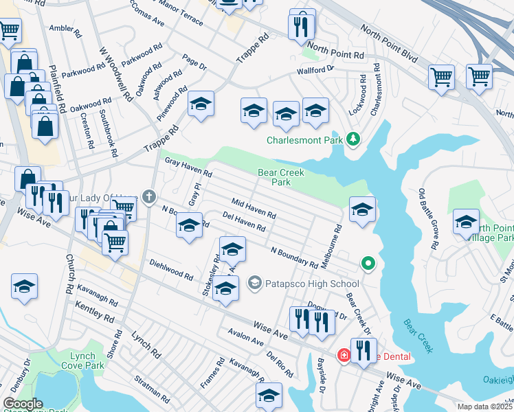 map of restaurants, bars, coffee shops, grocery stores, and more near 8110 Mid Haven Road in Dundalk