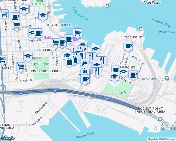 map of restaurants, bars, coffee shops, grocery stores, and more near 1504 Woodall Street in Baltimore
