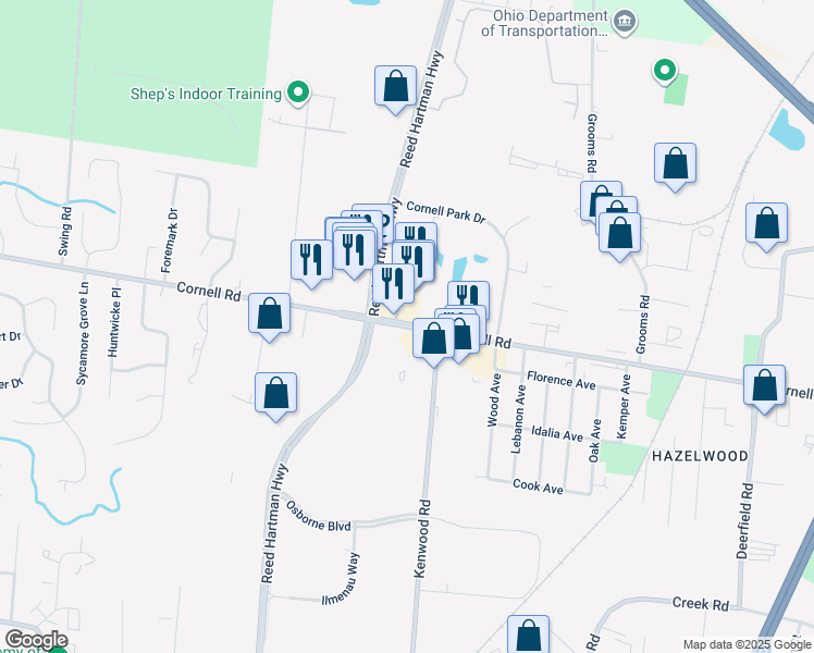 map of restaurants, bars, coffee shops, grocery stores, and more near 4755 Cornell Road in Blue Ash