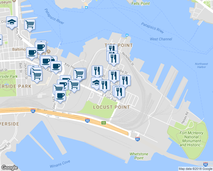 map of restaurants, bars, coffee shops, grocery stores, and more near 1415 Hull Street in Baltimore