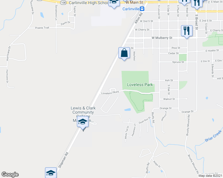 map of restaurants, bars, coffee shops, grocery stores, and more near 800 Randall Road in Carlinville