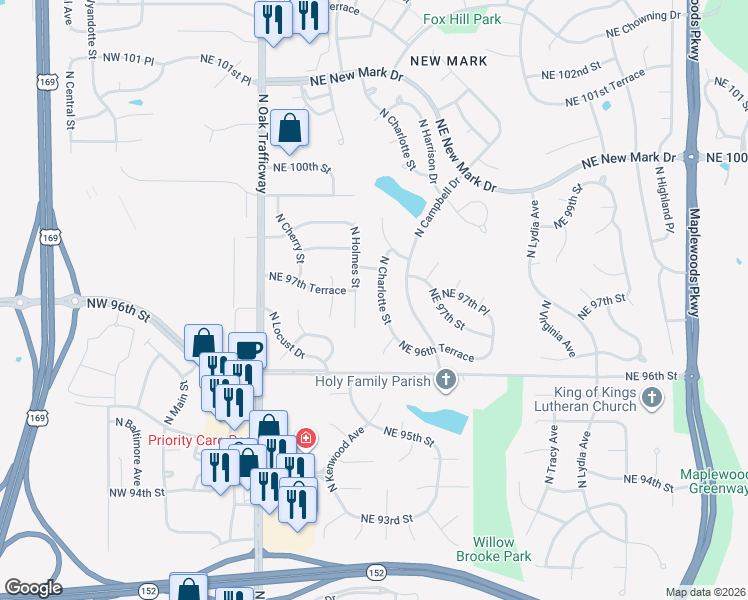 map of restaurants, bars, coffee shops, grocery stores, and more near 9712 North Charlotte Street in Kansas City