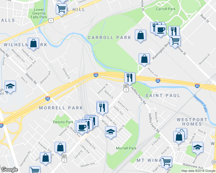 map of restaurants, bars, coffee shops, grocery stores, and more near 2315 Herkimer St in Baltimore
