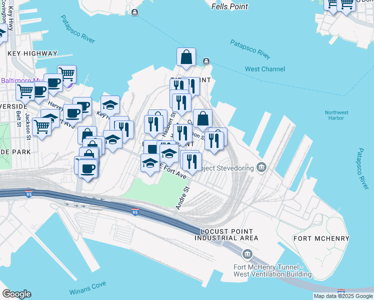 map of restaurants, bars, coffee shops, grocery stores, and more near 1600 East Clement Street in Baltimore