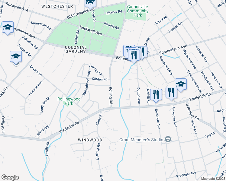 map of restaurants, bars, coffee shops, grocery stores, and more near 11 Rolling Road in Catonsville