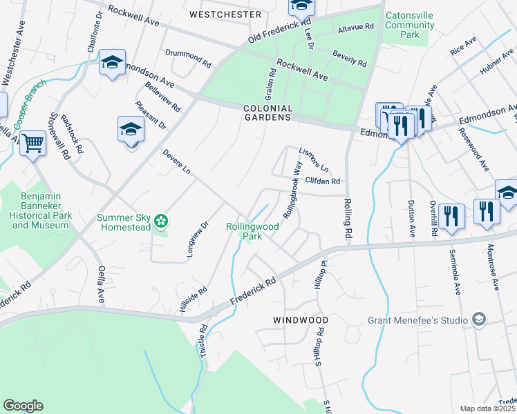 map of restaurants, bars, coffee shops, grocery stores, and more near 2025 Rollingwood Road in Catonsville