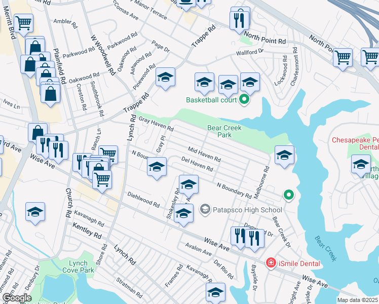 map of restaurants, bars, coffee shops, grocery stores, and more near 8049 Mid Haven Road in Dundalk