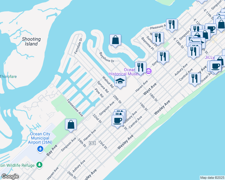 map of restaurants, bars, coffee shops, grocery stores, and more near 2 Walnut Road in Ocean City