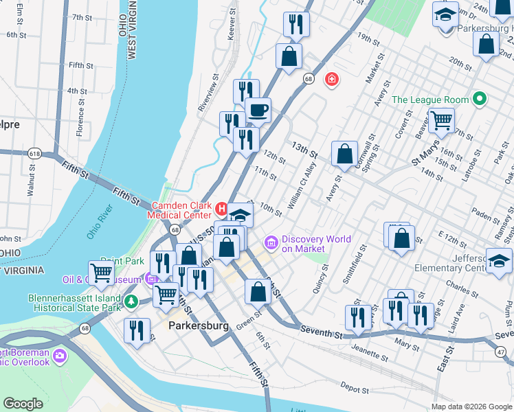 map of restaurants, bars, coffee shops, grocery stores, and more near 1008 Franklin Alley in Parkersburg