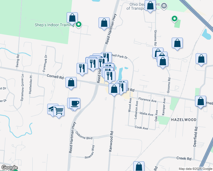 map of restaurants, bars, coffee shops, grocery stores, and more near 4737 Cornell Road in Blue Ash