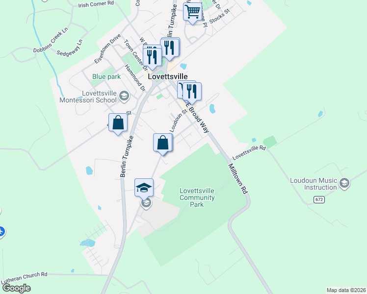 map of restaurants, bars, coffee shops, grocery stores, and more near 8 Stone Jail Street in Lovettsville