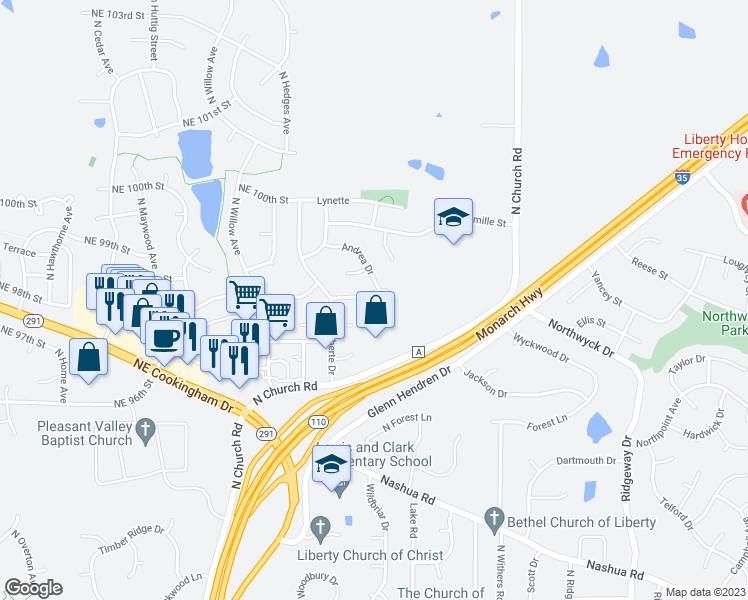 map of restaurants, bars, coffee shops, grocery stores, and more near 1401 La Chateau Drive in Liberty