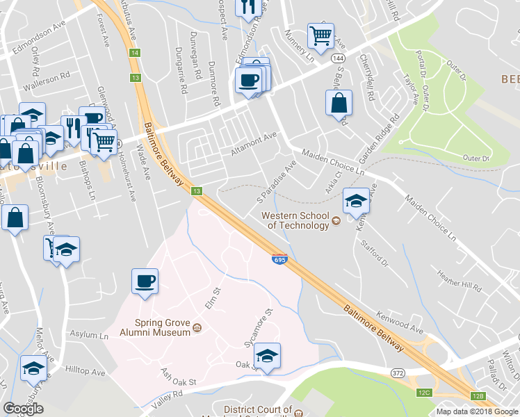 map of restaurants, bars, coffee shops, grocery stores, and more near 213 South Paradise Avenue in Baltimore