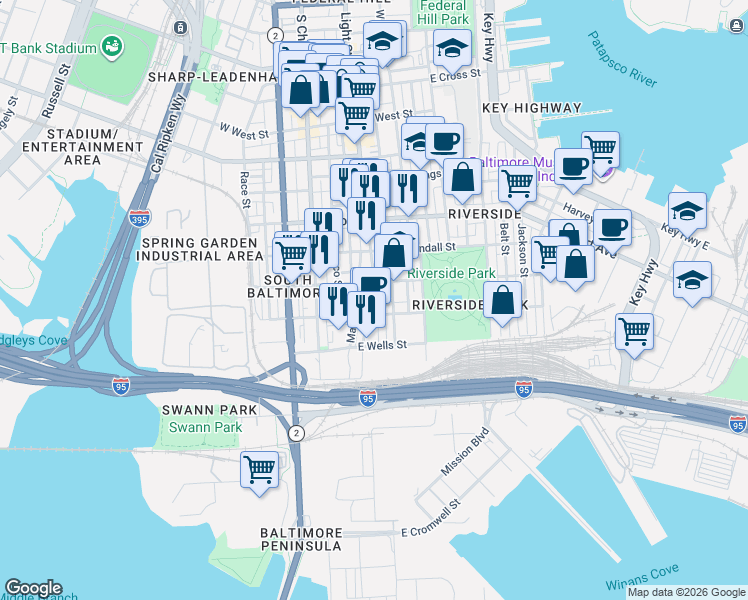 map of restaurants, bars, coffee shops, grocery stores, and more near 1725 Light Street in Baltimore