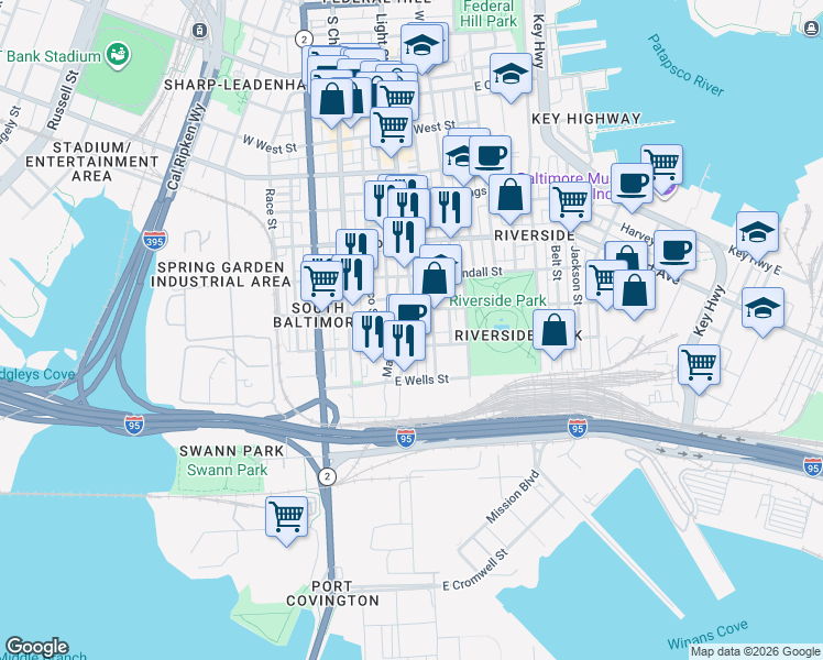 map of restaurants, bars, coffee shops, grocery stores, and more near 1725 Light Street in Baltimore