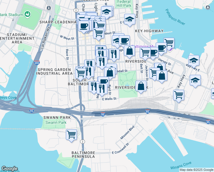 map of restaurants, bars, coffee shops, grocery stores, and more near 112 Bloomsberry Street in Baltimore